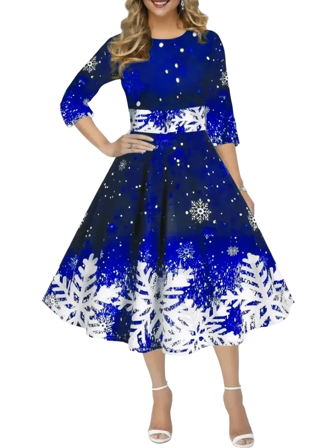 A woman wearing a navy blue and white snowflake-patterned vintage christmas swing dress with three-quarter sleeves