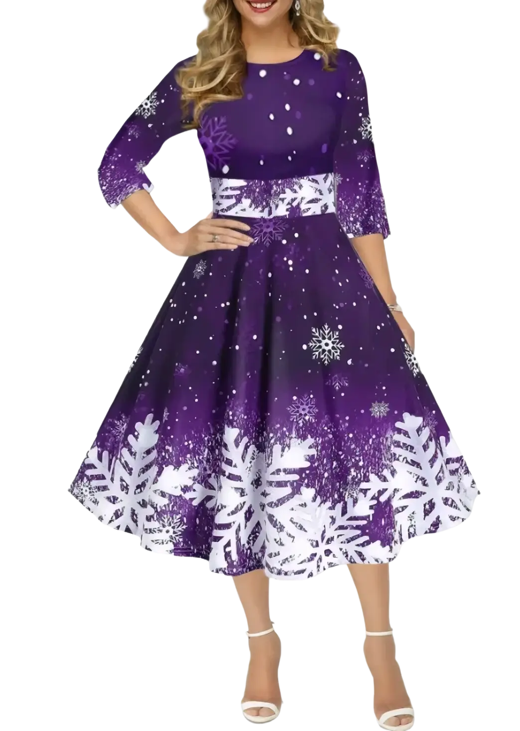 A woman wears a vintage snowflake Christmas swing dress in purple and white with three-quarter sleeves and a fitted waistband