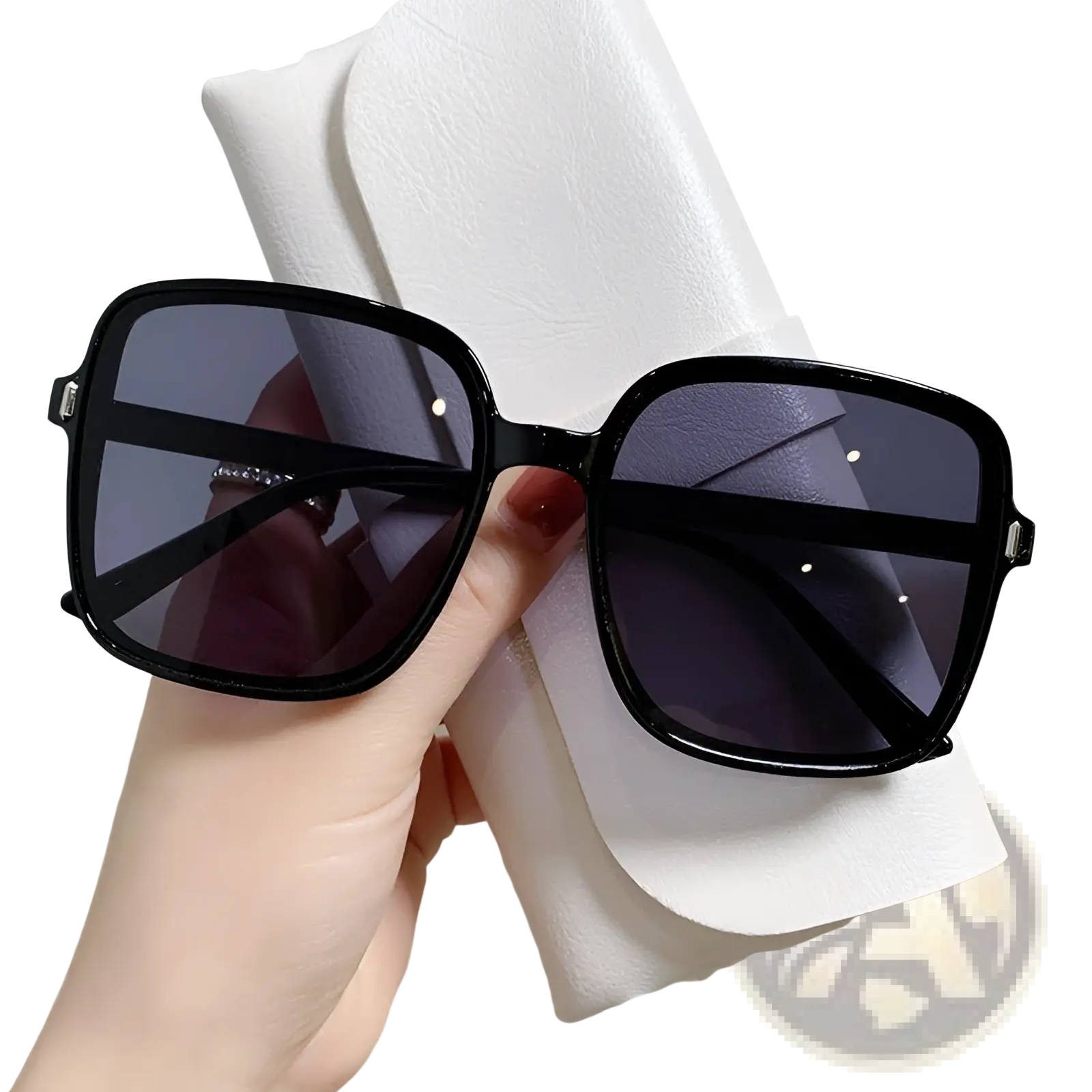 Black square-framed vintage fashion sunglasses with dark gray gradient lenses and uv protection glossy finish