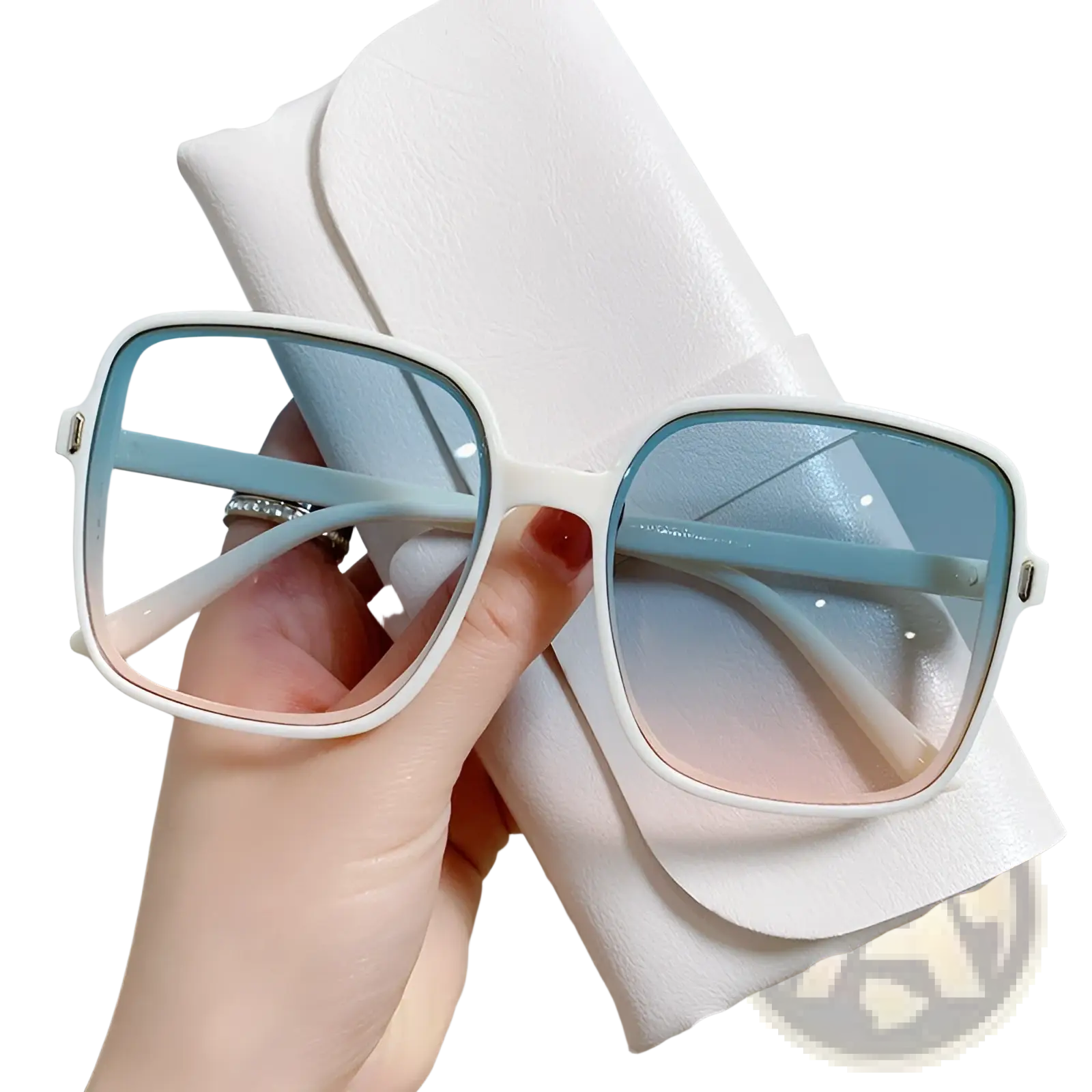 Vintage square white-framed sunglasses with gradient blue-to-pink lenses providing UV protection and fashionable style