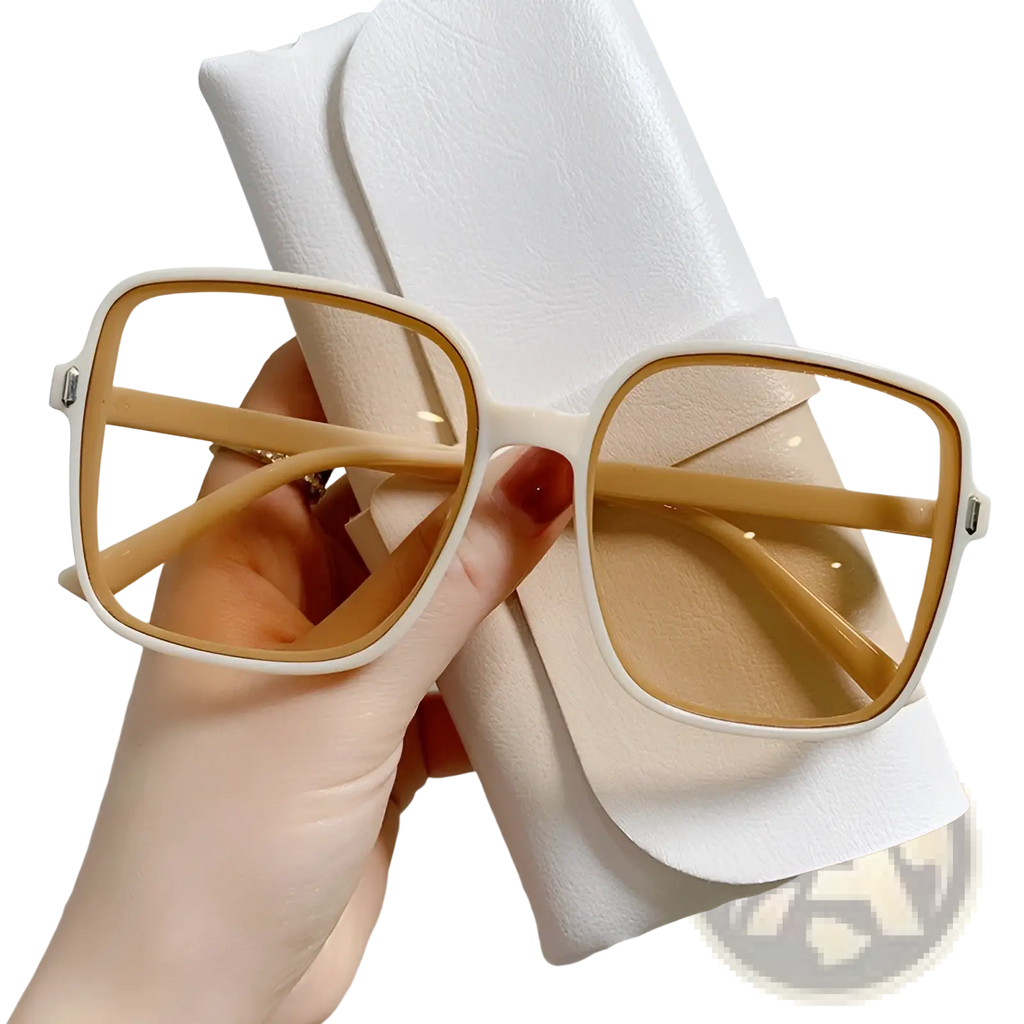Vintage square gradient uv protection sunglasses with white frames tan lenses and bamboo-colored temple arms displayed