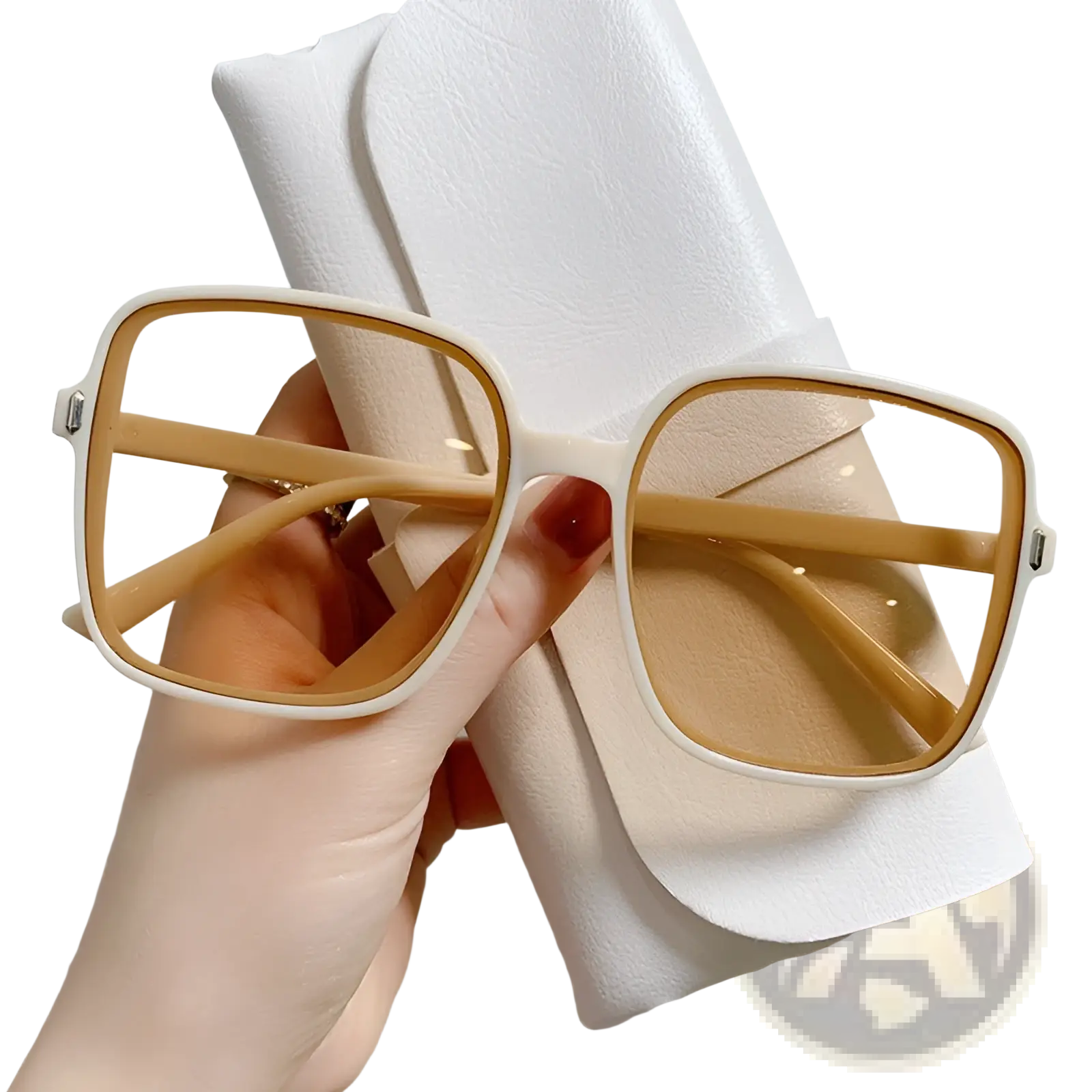 Vintage square gradient uv protection sunglasses with white frames tan lenses and bamboo-colored temple arms displayed