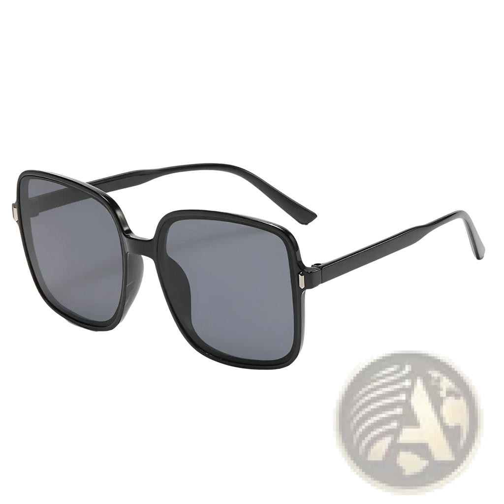Black square-framed vintage fashion sunglasses with dark gray gradient lenses offering uv protection