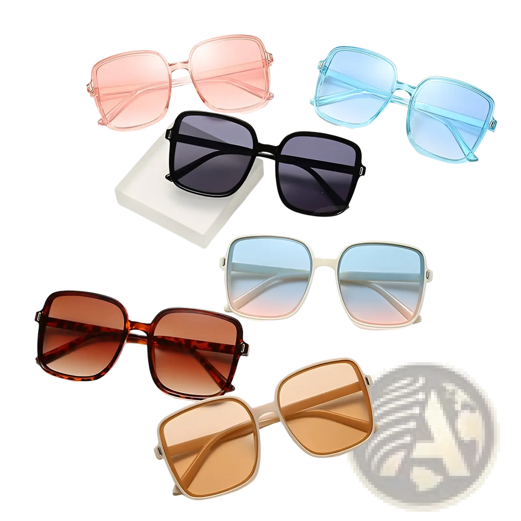 A set of six vintage square gradient UV protection fashion sunglasses in pink blue black tortoiseshell beige and white frames