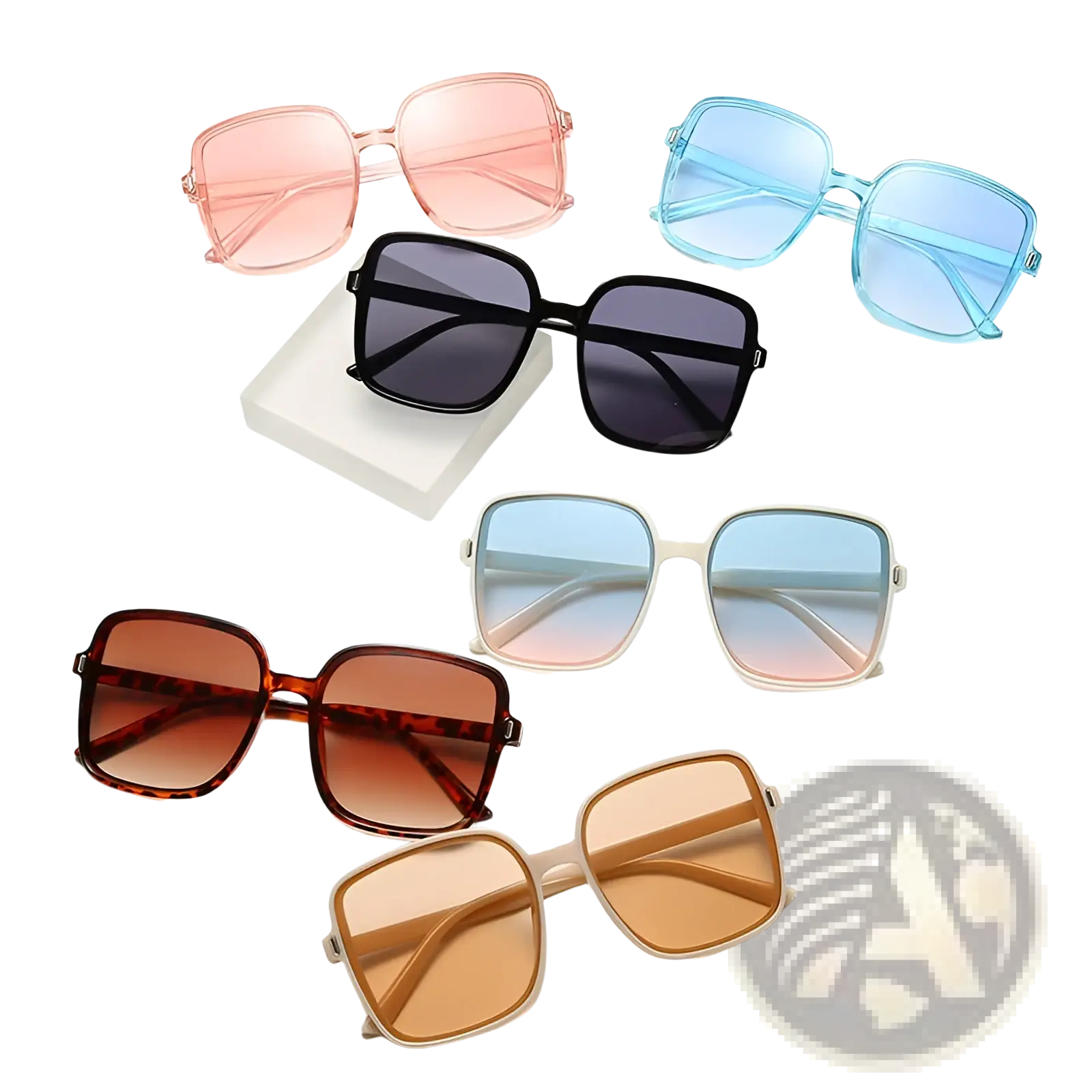 A set of six vintage square gradient UV protection fashion sunglasses in pink blue black tortoiseshell beige and white frames