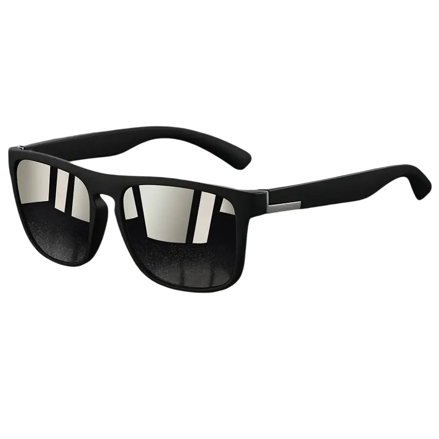 Vintage square luxury brand designer sunglasses with black frames and reflective gradient lenses in a modern design