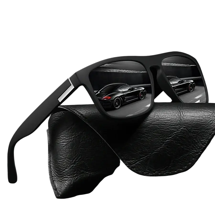 Vintage square luxury brand designer sunglasses with black frames and reflective lenses mirroring a black sports car