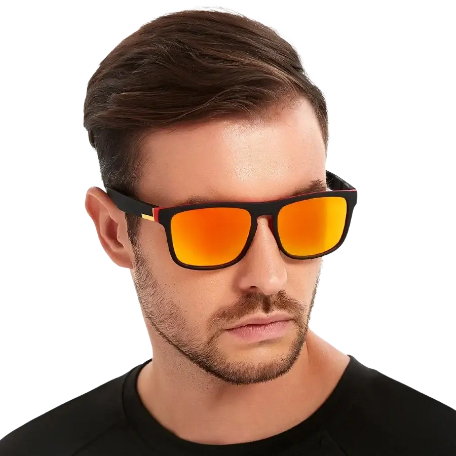 Vintage square luxury brand designer sunglasses with black frames orange mirrored lenses and red temple accent