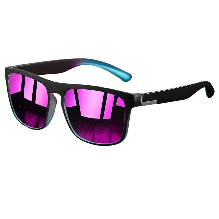 Vintage square luxury brand designer sunglasses with black frames and pink purple gradient mirrored lenses with blue tips