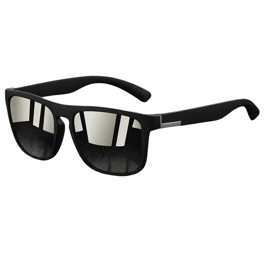 Black rectangular vintage square luxury brand designer sunglasses with mirrored lenses and a sleek modern design