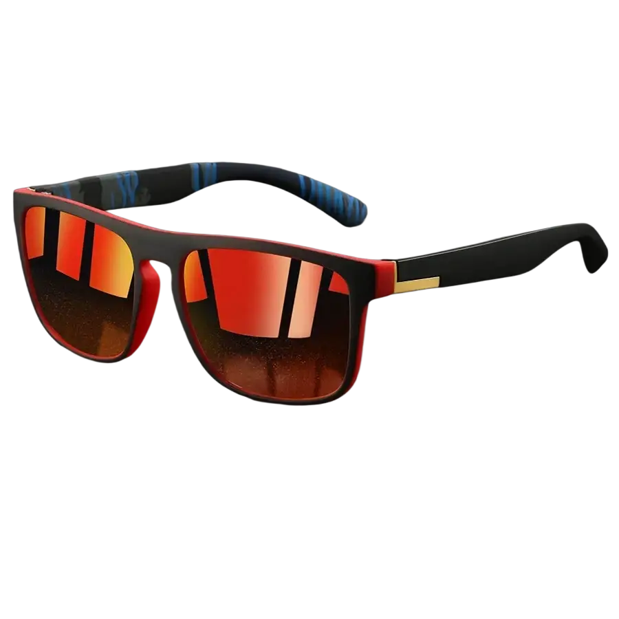 Vintage square luxury brand designer sunglasses with black and red frame, reflective orange lenses, and blue patterned temples