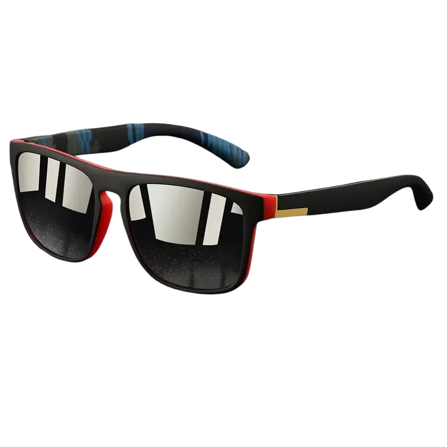 Vintage square luxury brand designer sunglasses with black and red frames, mirrored lenses, and blue patterned temple
