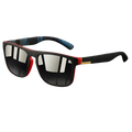 Vintage square luxury brand designer sunglasses with black and red frames, mirrored lenses, and blue patterned temple