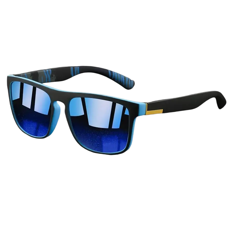 Vintage square luxury brand designer sunglasses with blue mirrored lenses and black and light blue camo temples