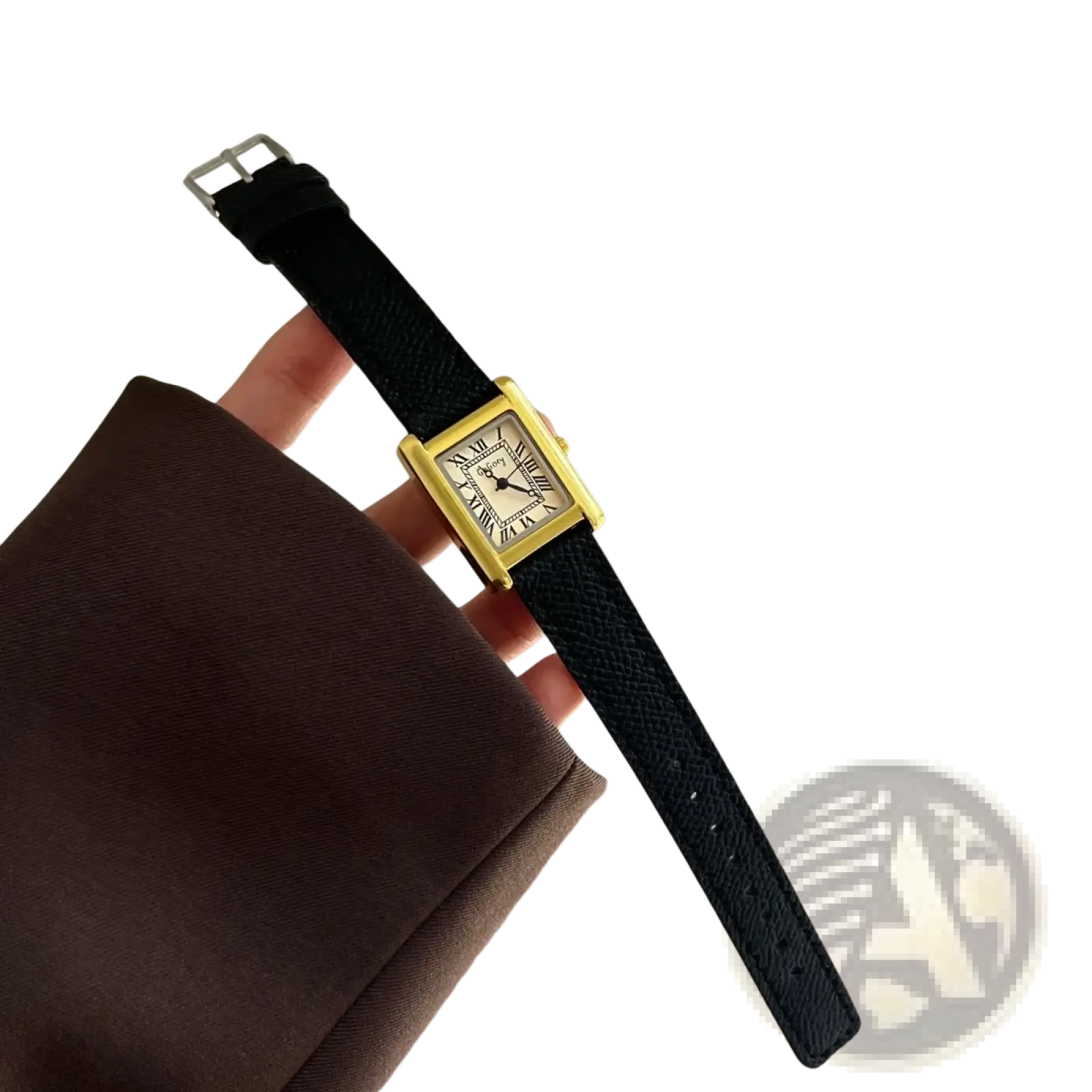 Vintage square quartz watch for women with a gold-toned rectangular case and black textured leather strap with roman numerals