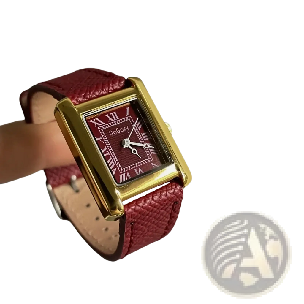 Vintage square quartz watch for women with gold-toned rectangular case and burgundy leather strap roman numeral dial