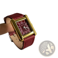 Vintage square quartz watch for women with a rectangular gold-tone case and burgundy leather strap featuring roman numerals