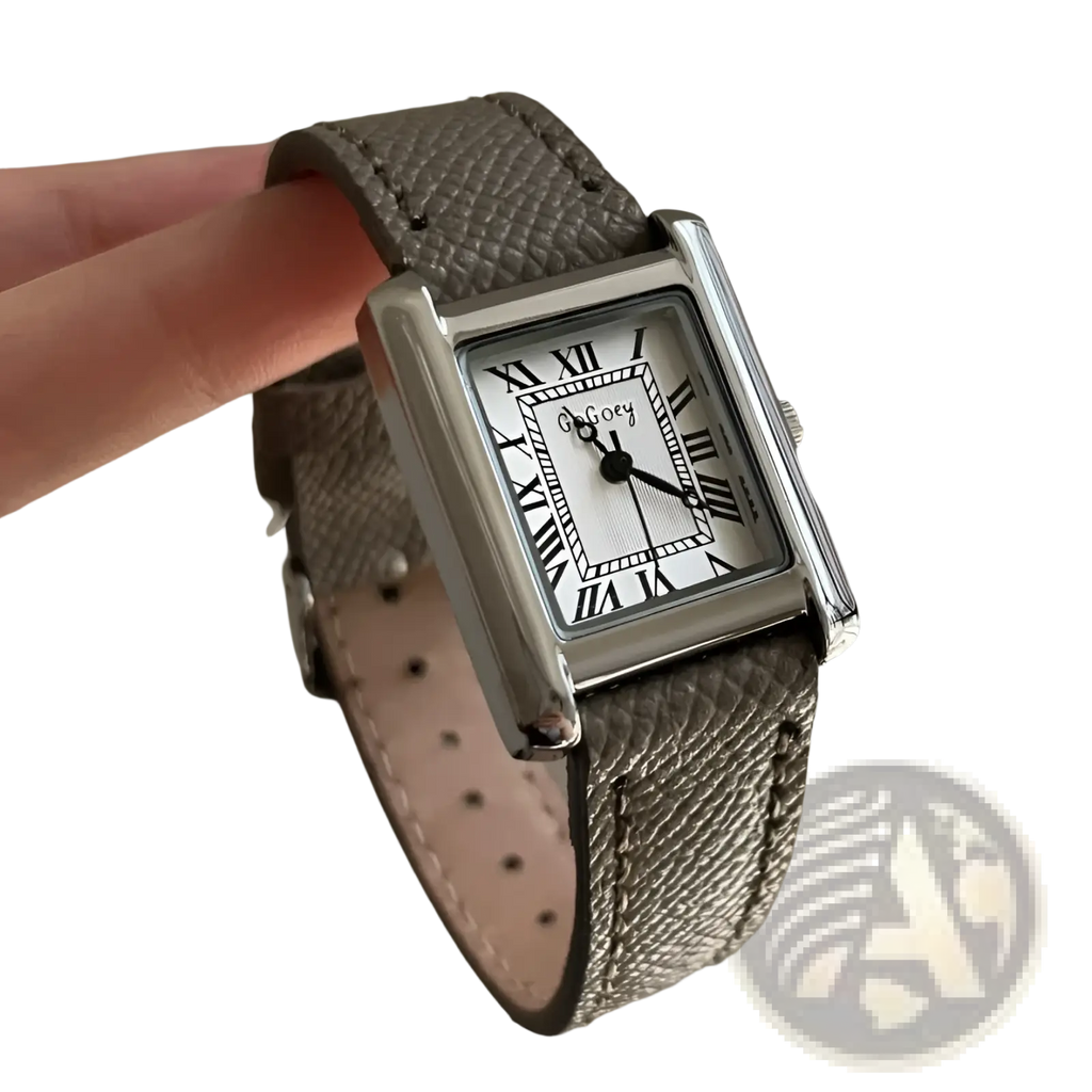 Vintage square quartz watch for women with a silver-toned rectangular case and textured gray leather strap with roman numerals