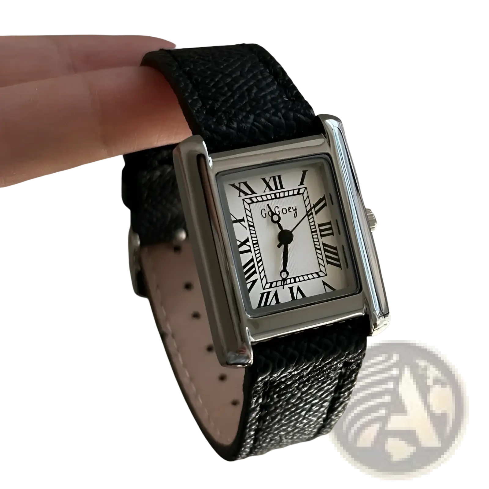 A sleek silver vintage square quartz watch for women with a white face, roman numerals, and black leather strap