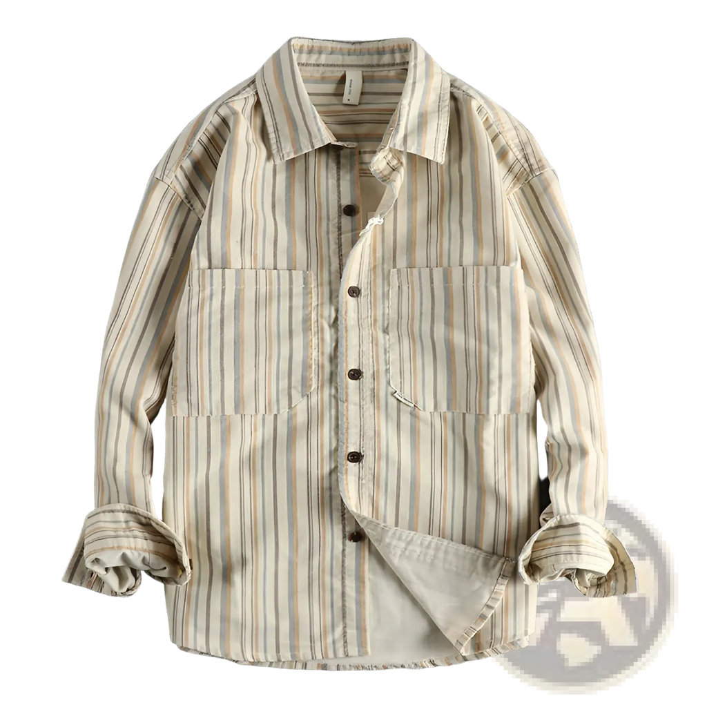 Vintage striped long sleeve button up shirt in beige and tan vertical stripes with two chest pockets