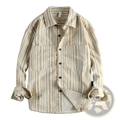 Vintage striped long sleeve button up shirt in beige and tan vertical stripes with two chest pockets