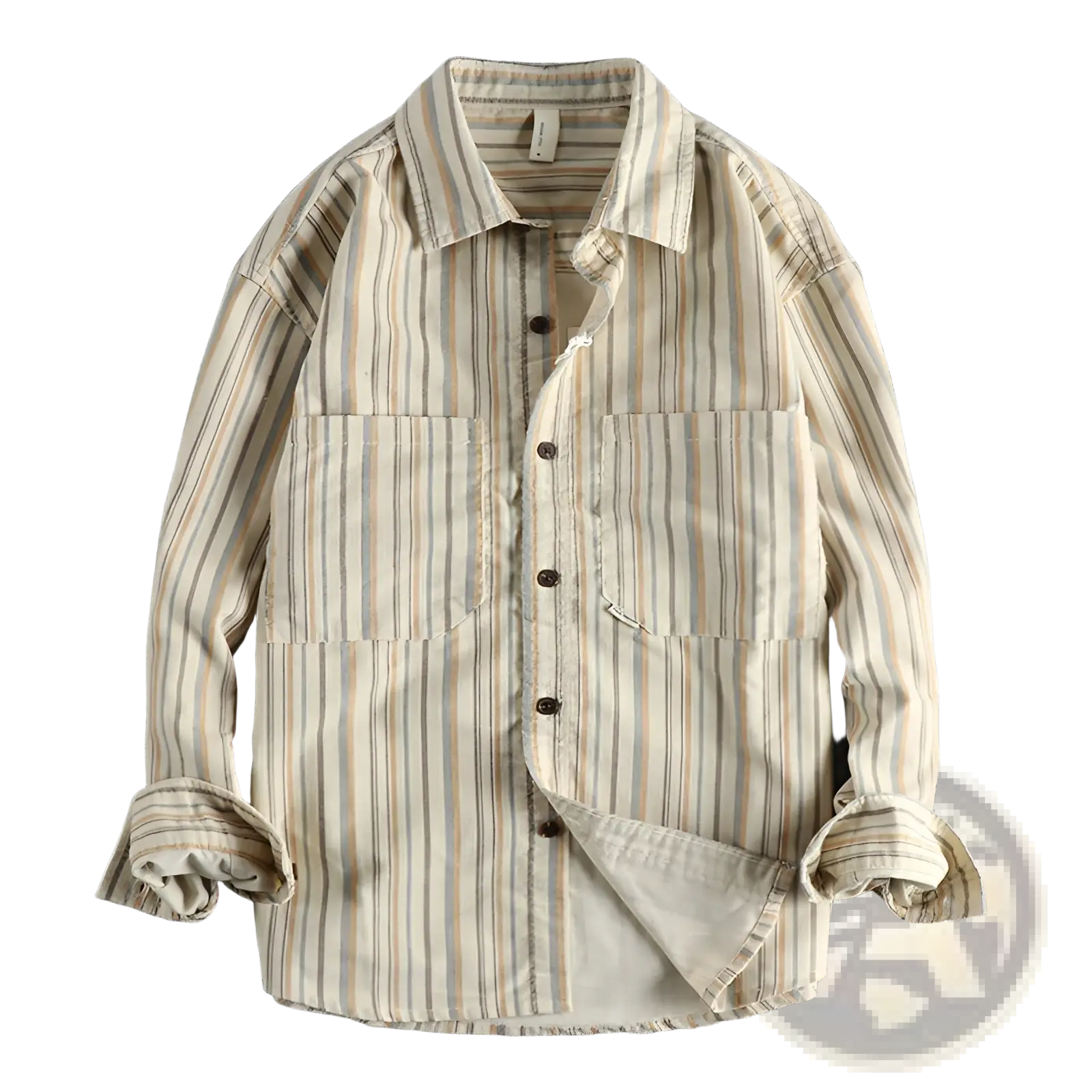 Vintage striped long sleeve button up shirt in beige and tan vertical stripes with two chest pockets