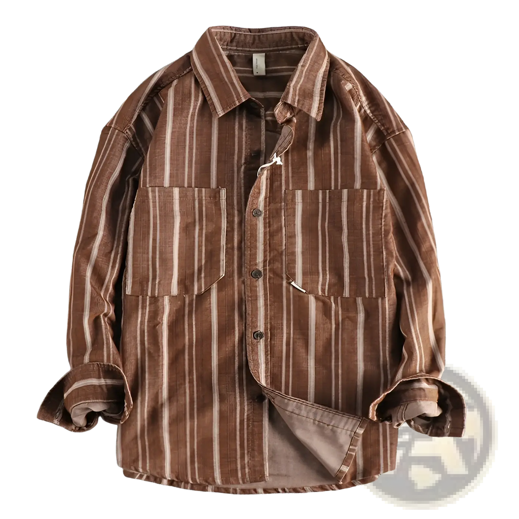 Vintage striped long sleeve button up shirt in brown and cream vertically striped corduroy with two chest pockets