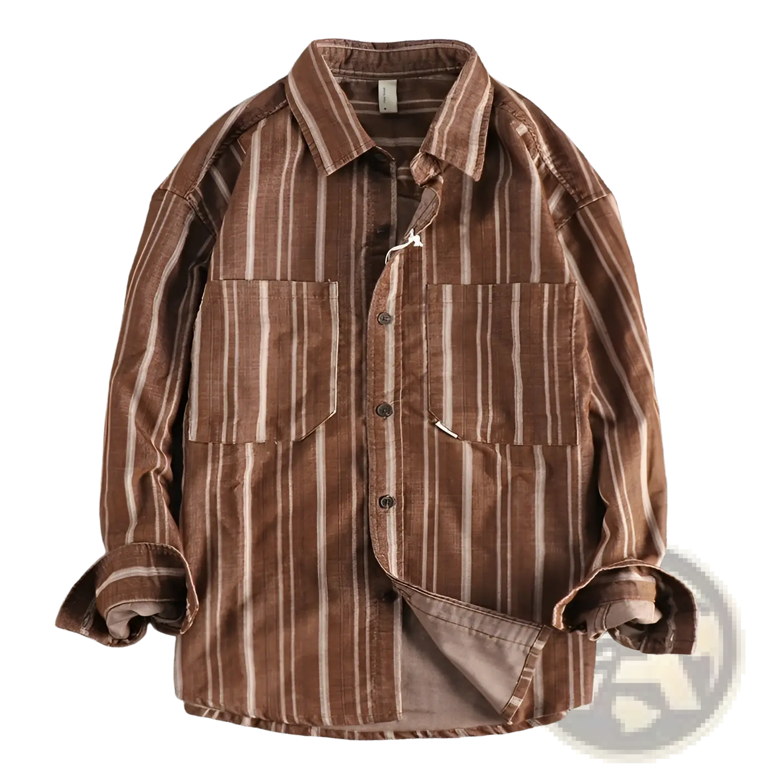 Vintage striped long sleeve button up shirt in brown and cream vertically striped corduroy with two chest pockets