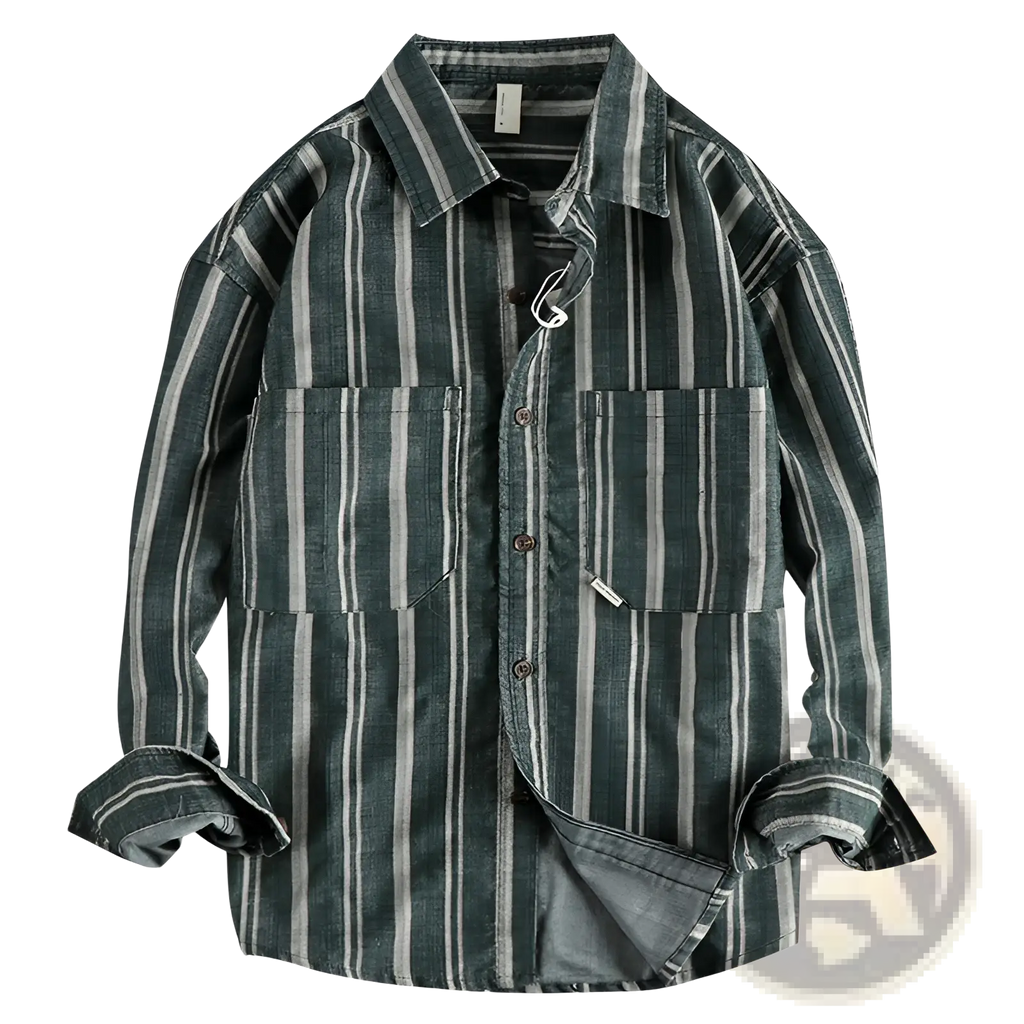 Vintage striped long sleeve button up shirt with dark green and white vertical stripes and two chest pockets