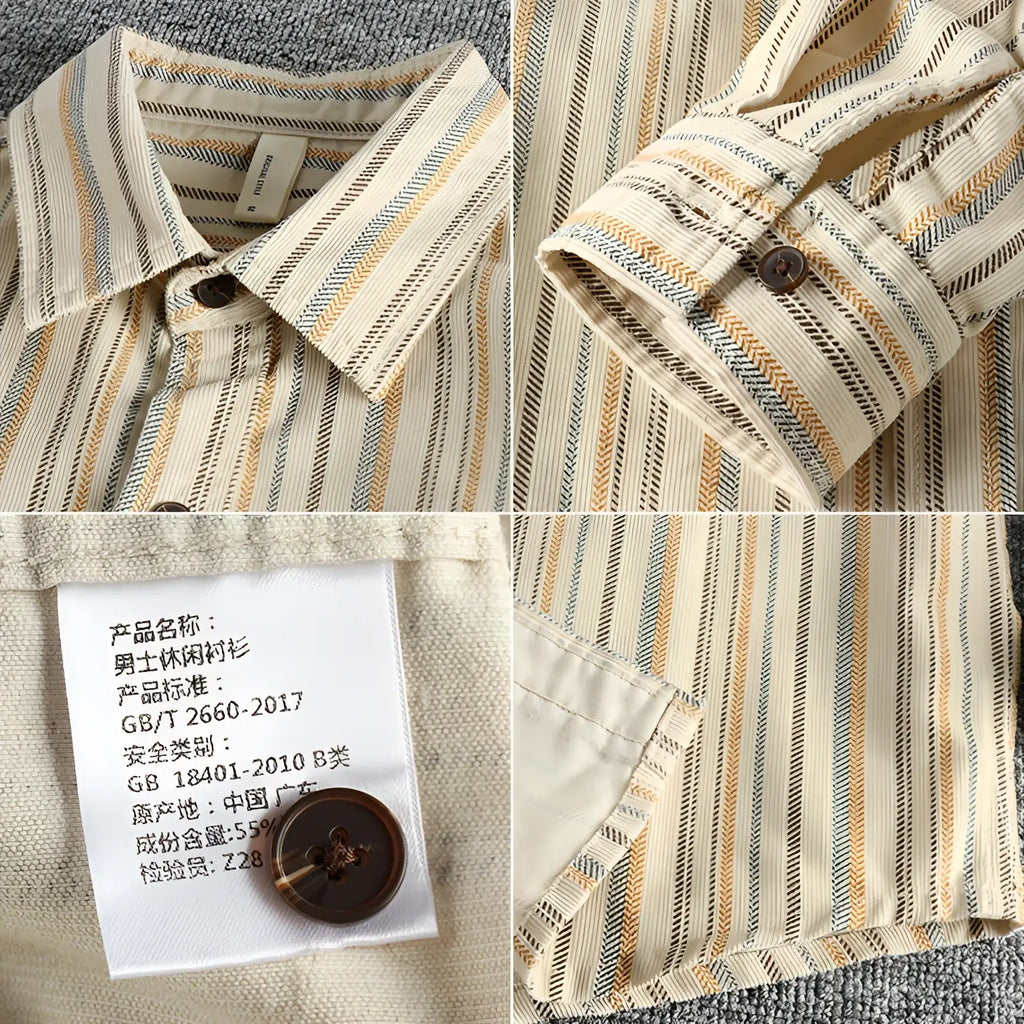 Vintage striped long sleeve button up shirt for men in beige tan and gray with button down collar and cuffs