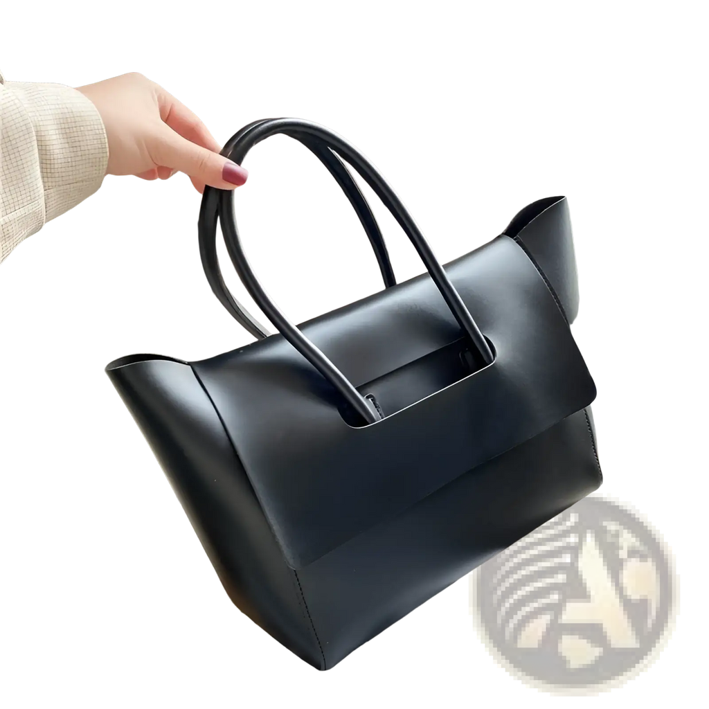 Black leather vintage structured tote bag with minimalist design and dual top handles for everyday use