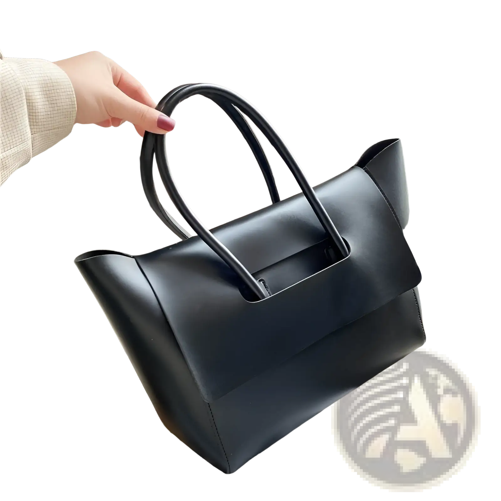 Black leather vintage structured tote bag with minimalist design and dual top handles for everyday use