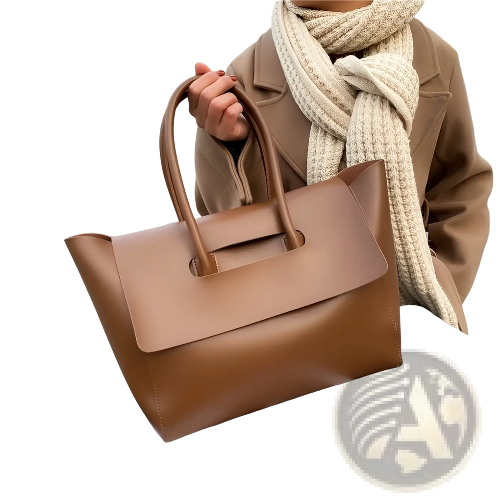 A sleek tan vintage structured leather tote bag with top handles and minimalist flap closure