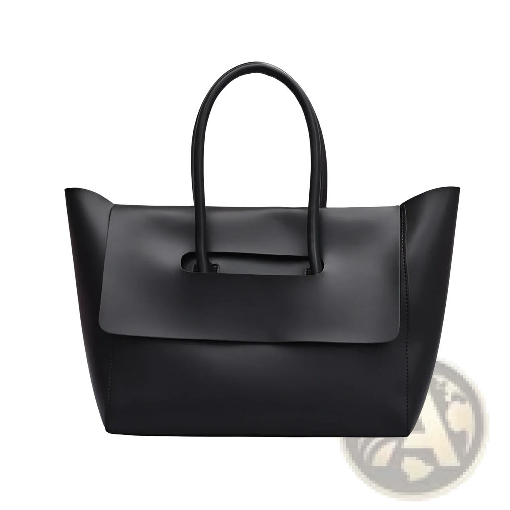 Black leather vintage structured tote bag with sleek minimalist design and curved top handles