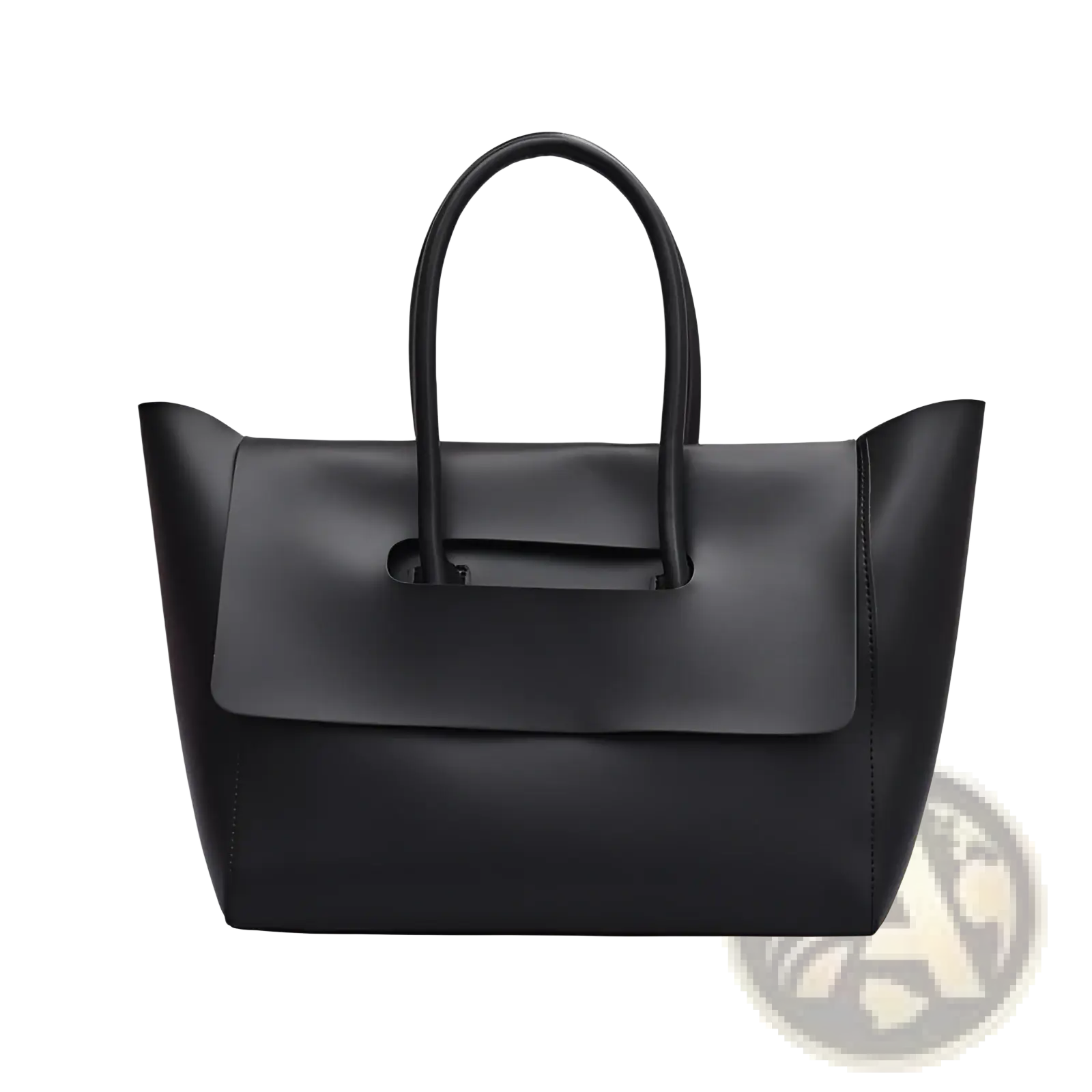 Black leather vintage structured tote bag with sleek minimalist design and curved top handles