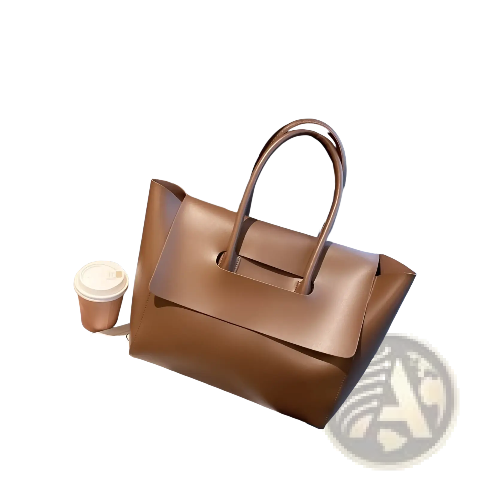 A sleek tan vintage structured leather tote bag with top handles and minimalist flap closure
