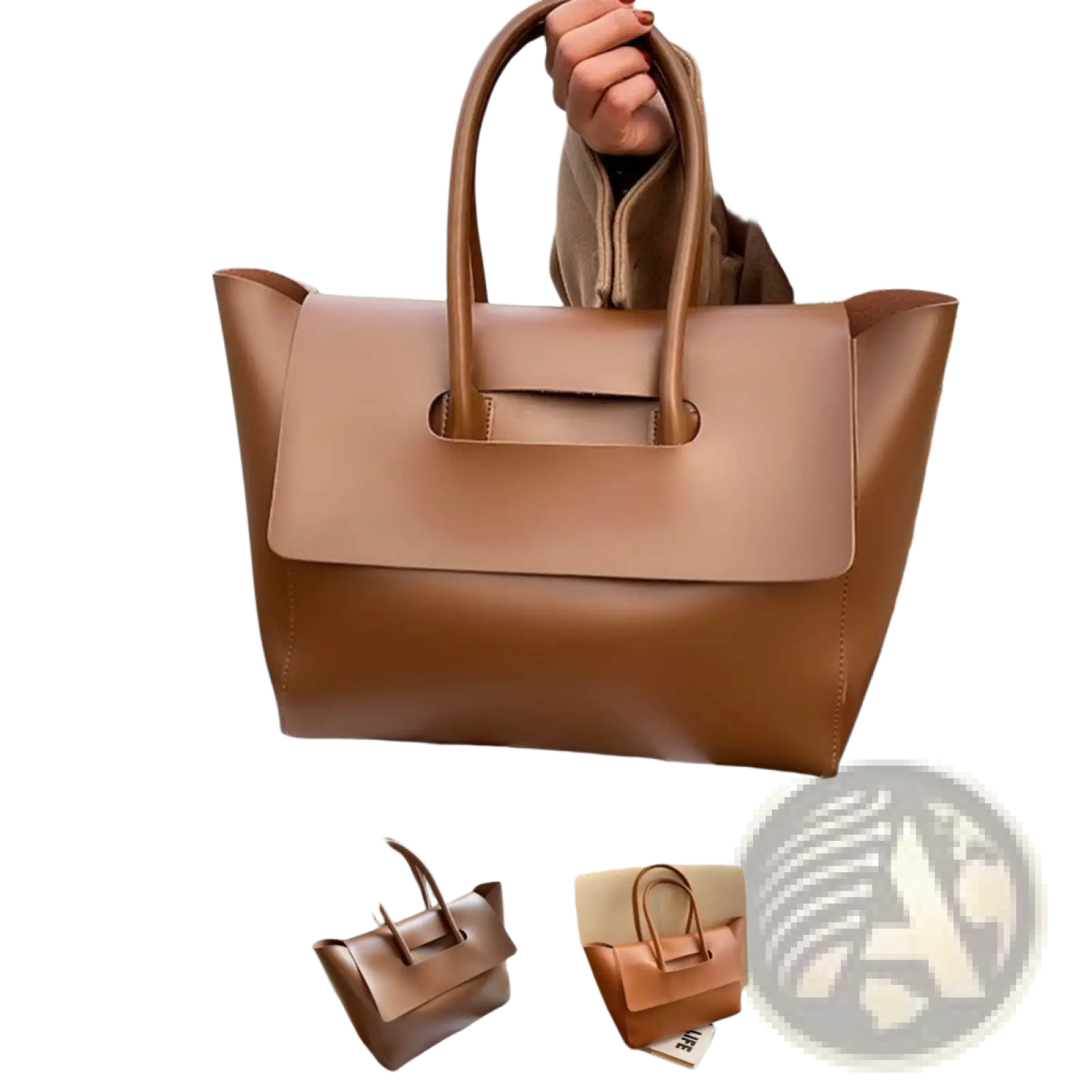A sleek tan vintage structured leather tote bag with top handles and a minimalist flap closure