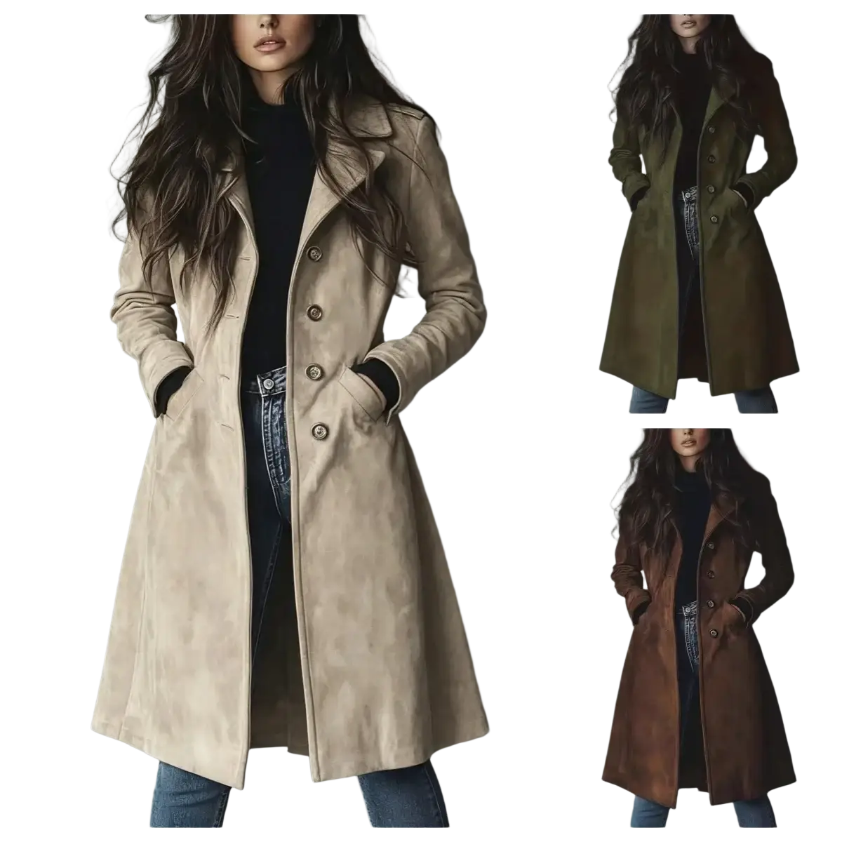 Beige suede trench coat for women featuring a classic double-breasted design with matching button closures