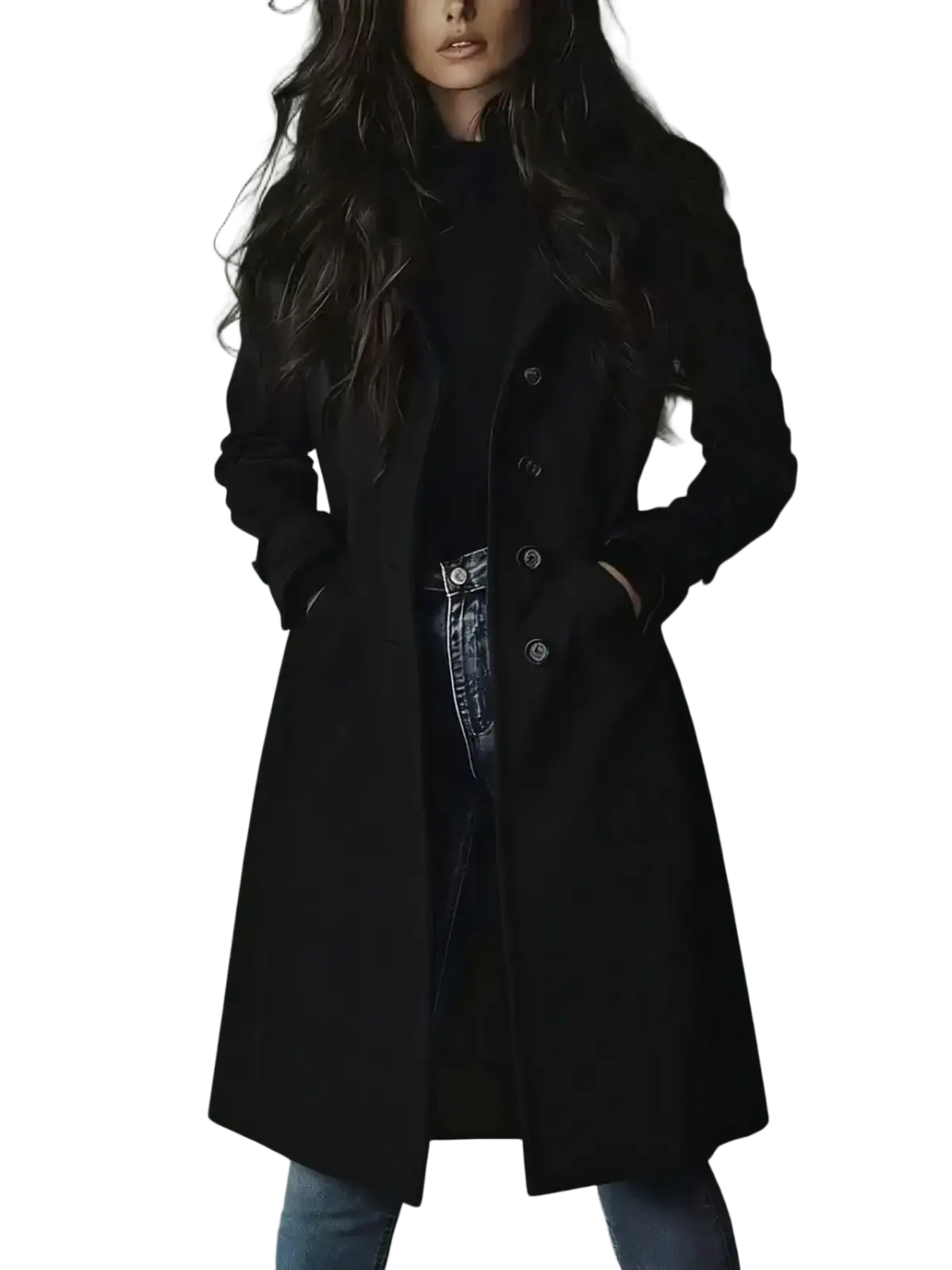 Vintage suede trench coat for women black double-breasted design with silver-toned buttons and tailored silhouette