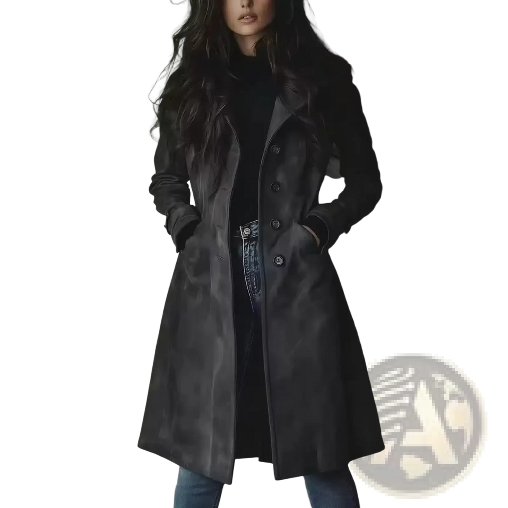 Black leather trench coat with classic double-breasted design and buttoned cuffs as vintage suede outerwear for women