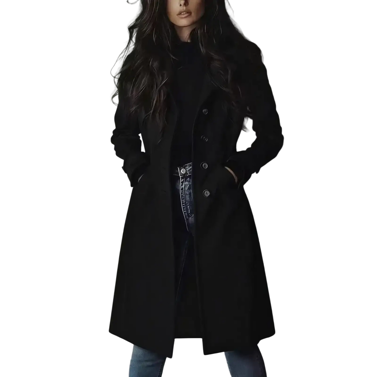 Black wool vintage suede trench coat for women with silver buttons and classic double-breasted design