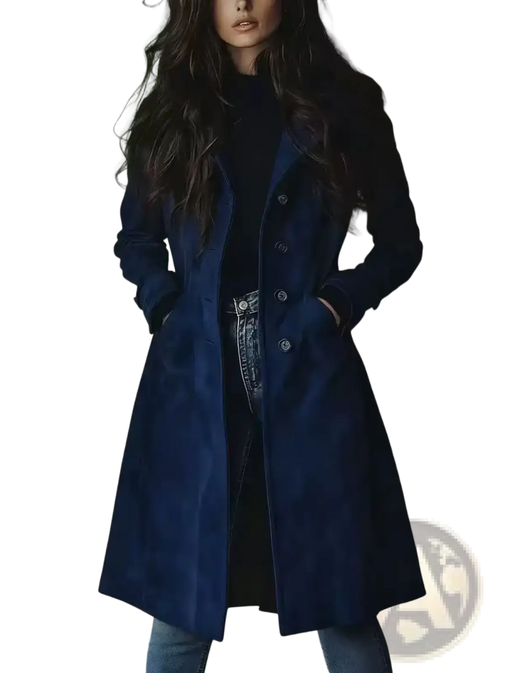 A deep navy blue vintage suede trench coat for women featuring a longline double-breasted design with matte finish