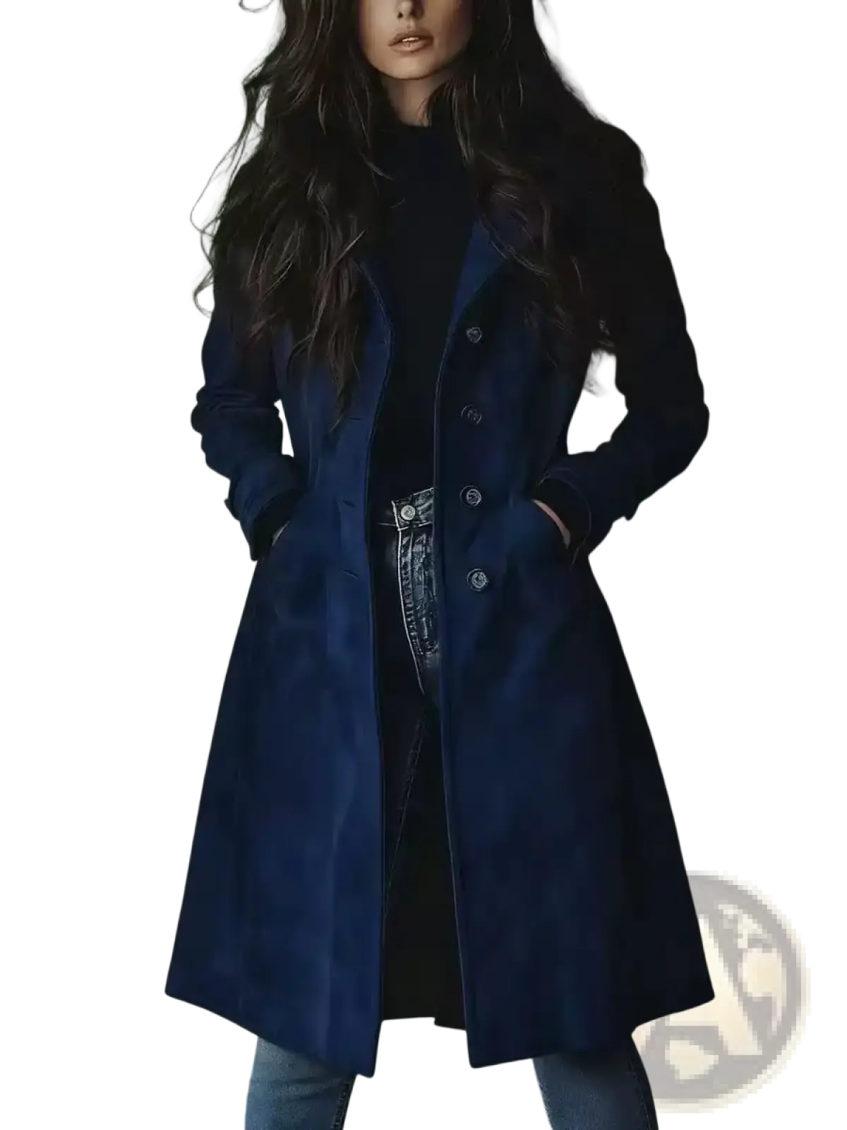 A deep navy blue vintage suede trench coat for women featuring a longline double-breasted design with matte finish