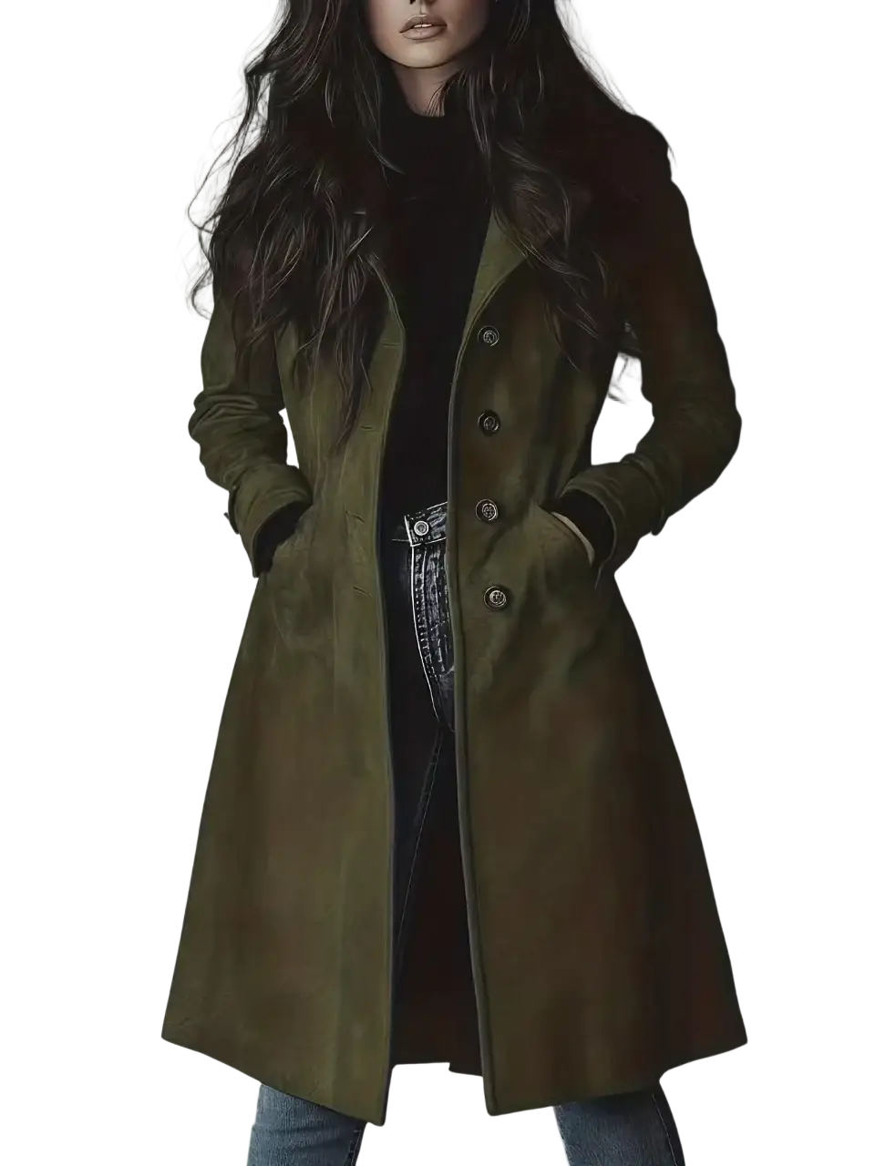 Olive green vintage suede trench coat for women featuring silver-toned buttons and long outerwear design