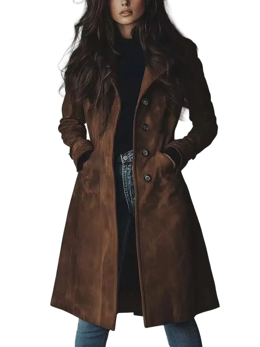 A rich brown suede vintage trench coat for women featuring a classic double-breasted design and dark metal buttons