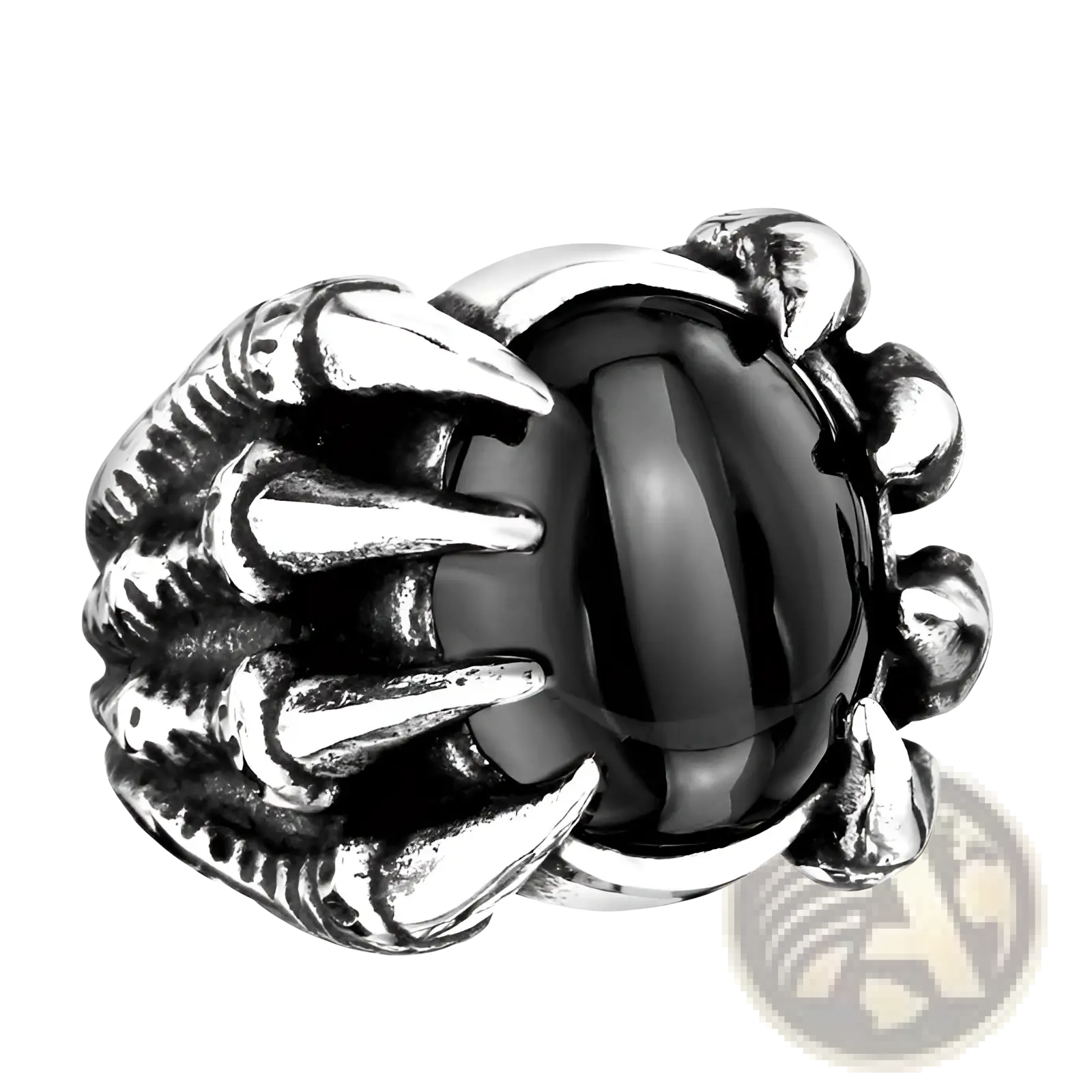 A striking silver titanium steel claw ring featuring a central black onyx stone and zircon gemstone accents