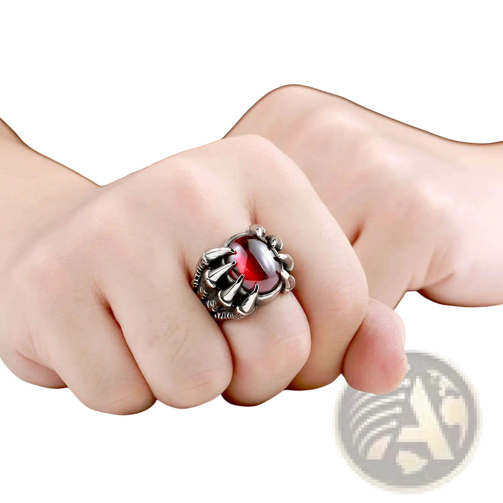 A vintage titanium steel claw ring in black with a central red zircon gemstone and intricate claw detailing