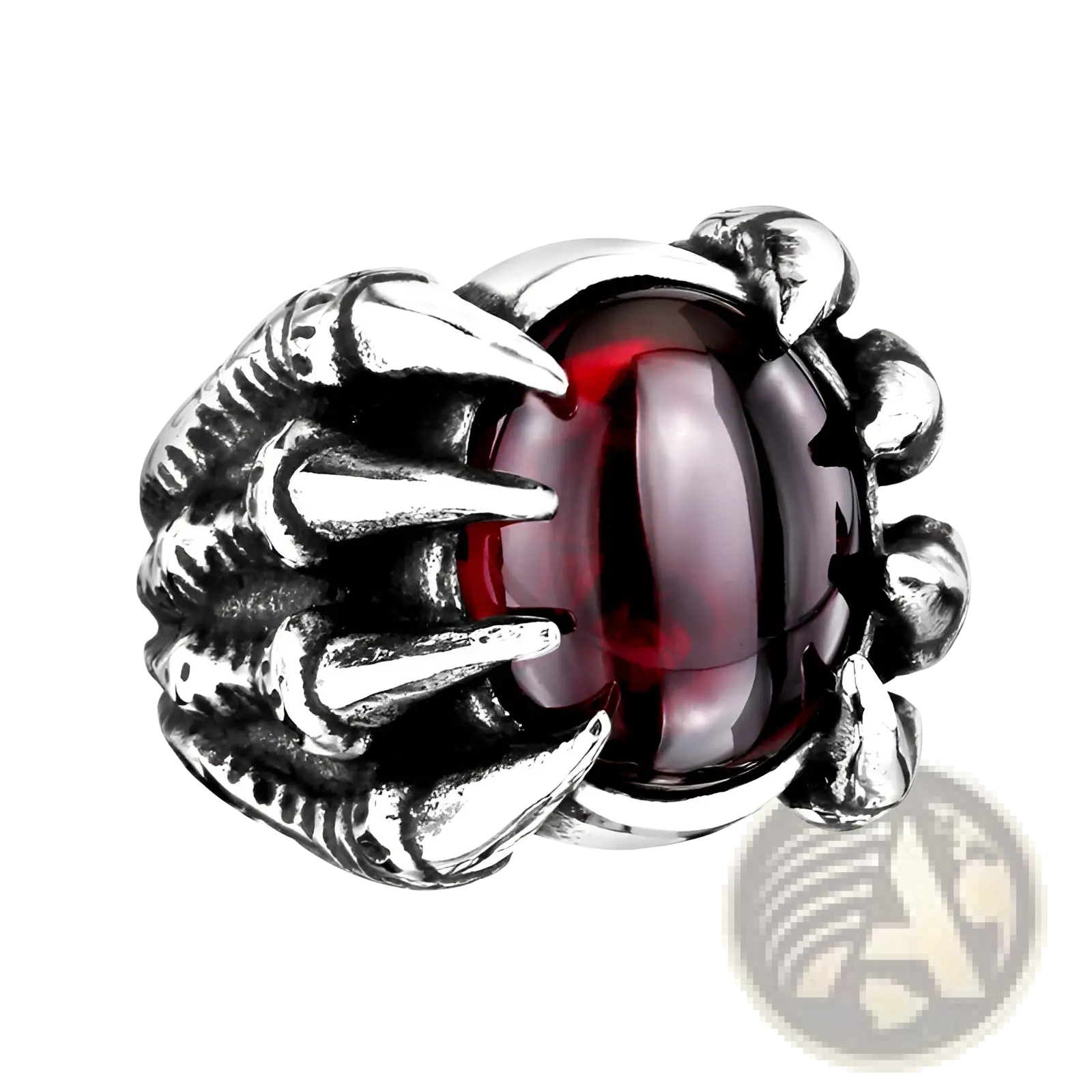 Vintage titanium steel claw ring with a silver finish and a prominent red zircon gemstone set in the center