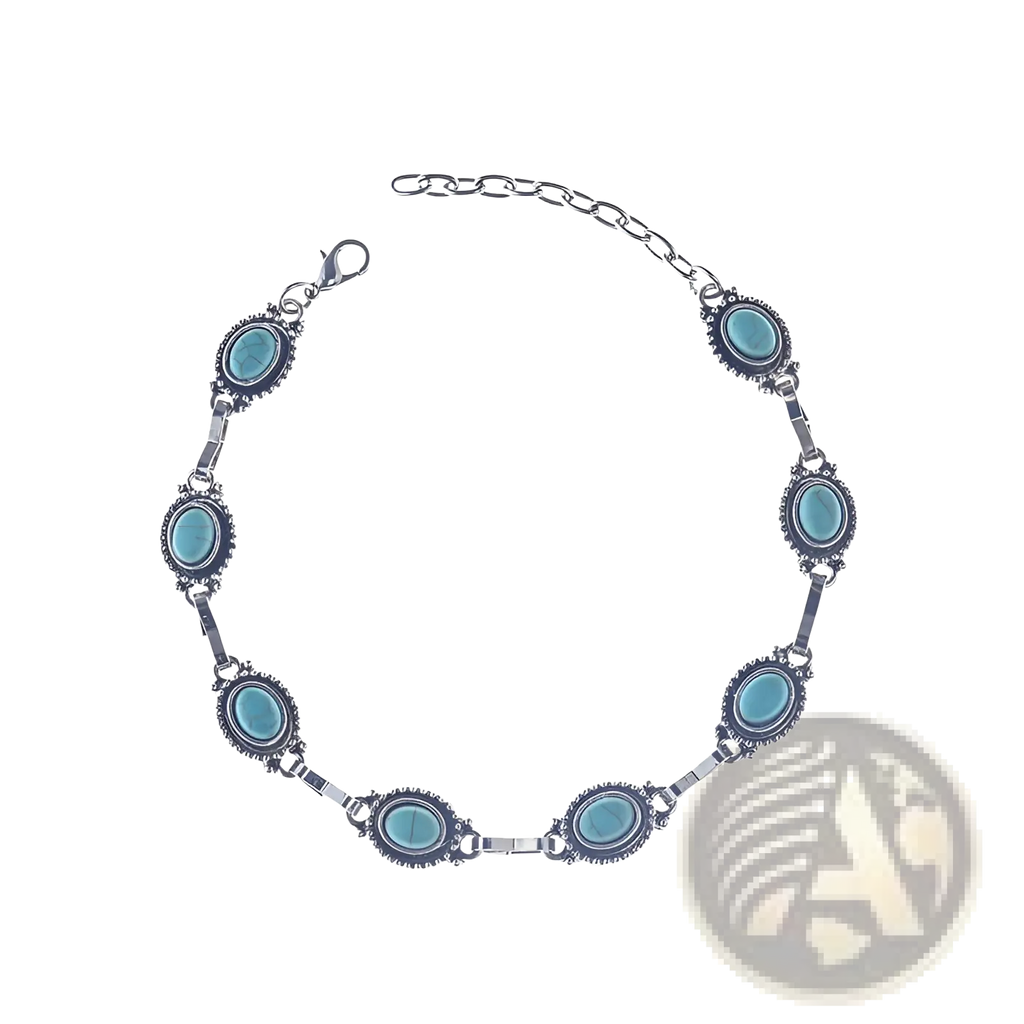 Silver-toned vintage turquoise silver ornate boho anklet with seven oval turquoise stones in darkened metal bezels