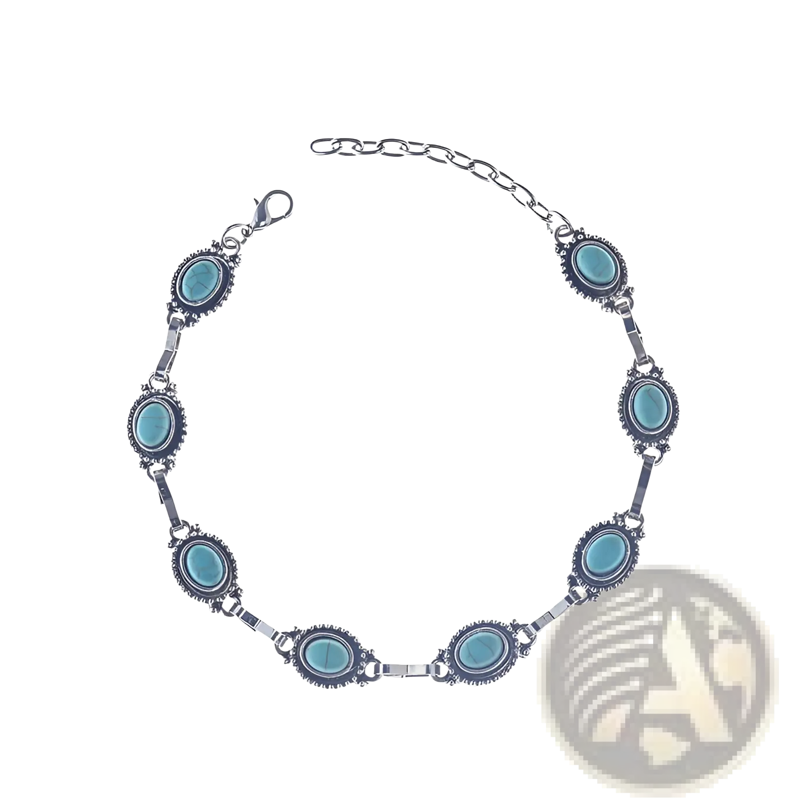 Silver-toned vintage turquoise silver ornate boho anklet with seven oval turquoise stones in darkened metal bezels